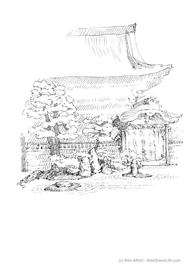 kyoto: monestary, 6 x 8in/16 x 21cm, pen drawing at AlexDrawsLines.com