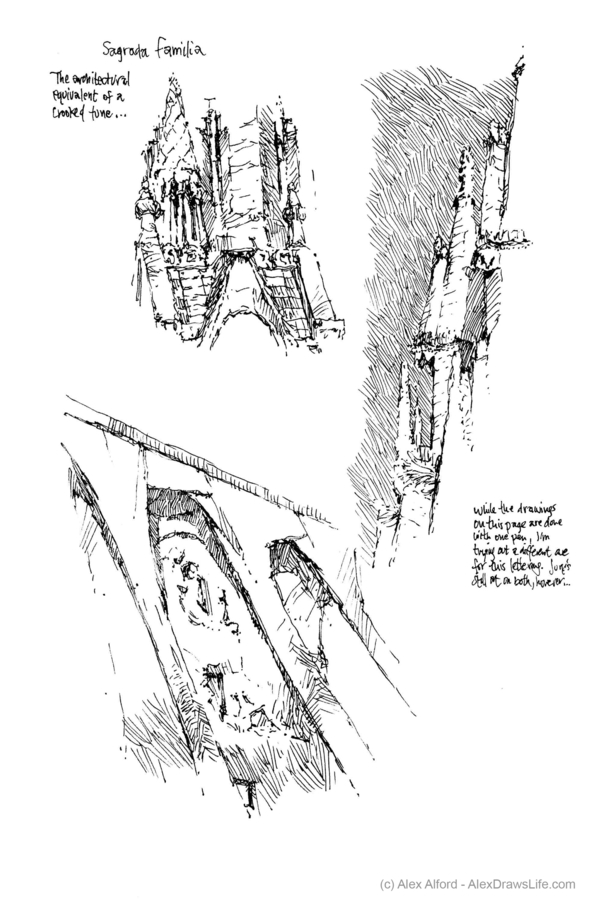 barcelona: sagrada familia, 6 x 8in/16 x 21cm, pen drawing at AlexDrawsLines.com