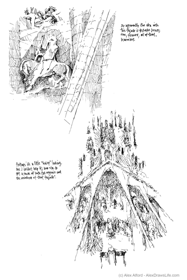 barcelona: sagrada familia, 6 x 8in/16 x 21cm, pen drawing at AlexDrawsLines.com