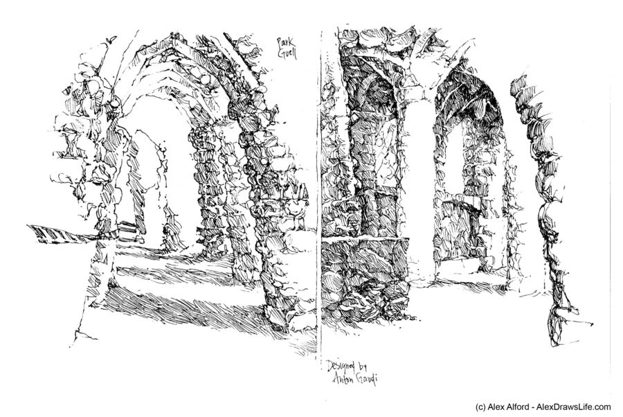 barcelona: parc guell, 6 x 8in/16 x 21cm, pen drawing at AlexDrawsLines.com