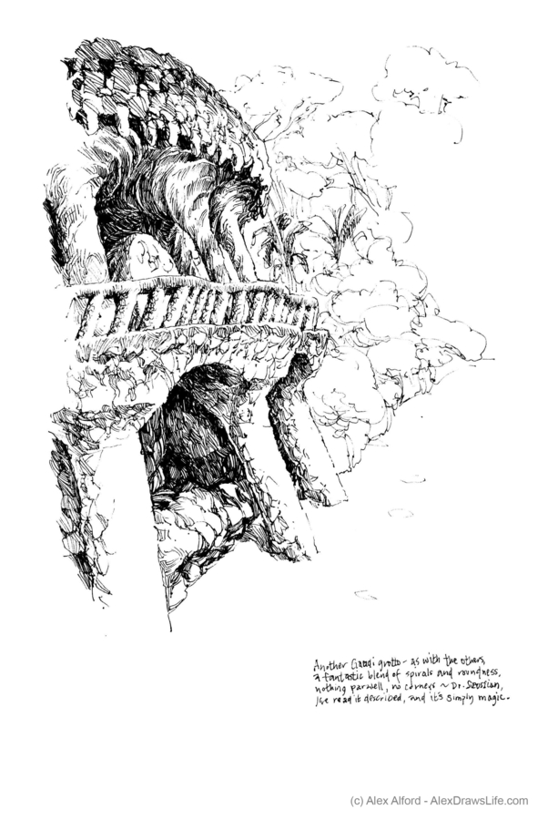 barcelona: parc quell, 6 x 8in/16 x 21cm, pen drawing at AlexDrawsLines.com