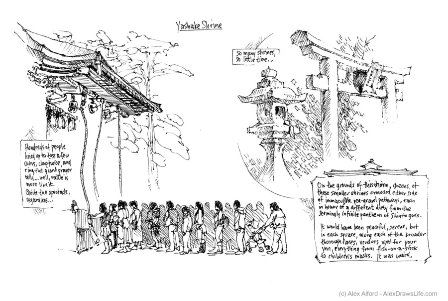 kyoto shrine, 6 x 8in/16 x 21cm, pen drawing at AlexDrawsLines.com