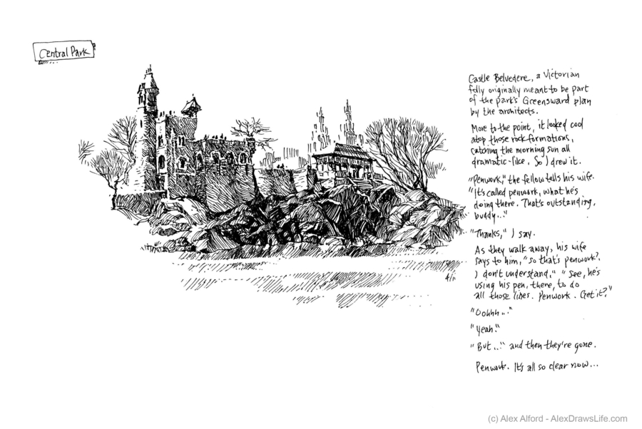 nyc: castle belvedere, 6 x 8in/16 x 21cm, pen drawing at AlexDrawsLines.com