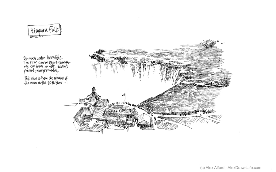 niagara falls, 6 x 8in/16 x 21cm, pen drawing at AlexDrawsLines.com