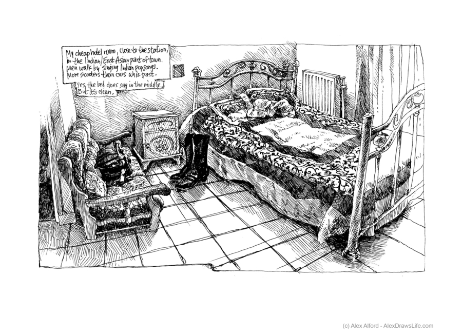 paris: hotel room, 6 x 8in/16 x 21cm, pen drawing at AlexDrawsLines.com